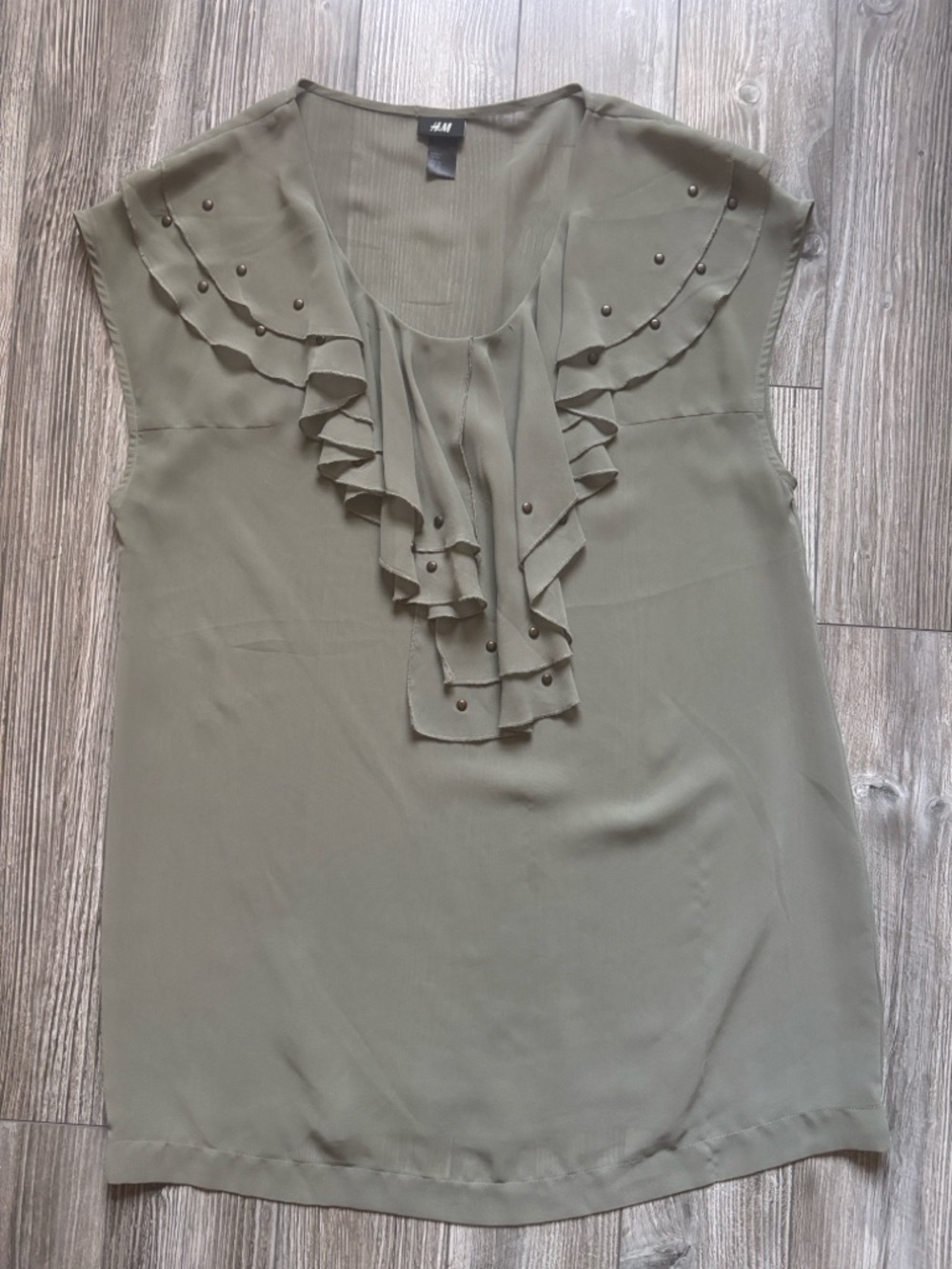 H&M Olive Green Ruffle-Front Sleeveless Blouse